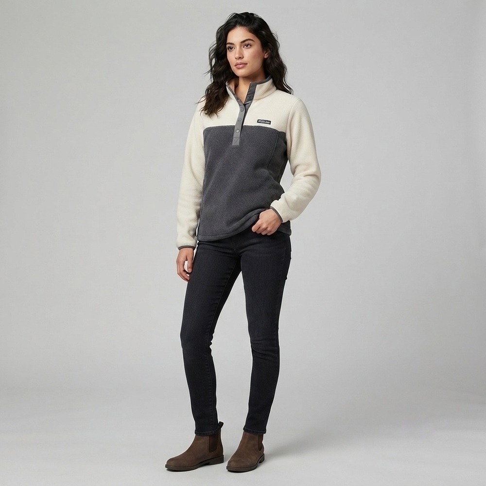 Columbia Benton Springs‎ Fleece Pullover Women's Medium Cream Gray Snap Neck